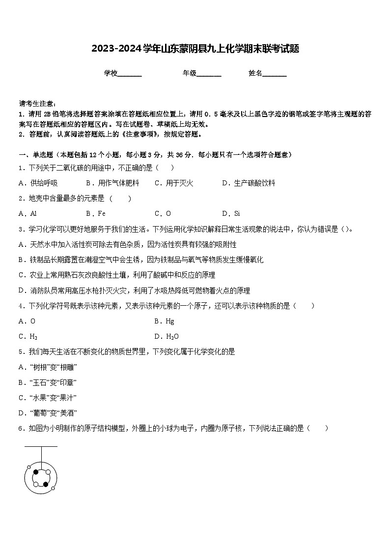 2023-2024学年山东蒙阴县九上化学期末联考试题含答案第1页