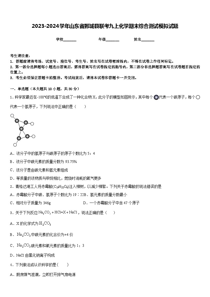 2023-2024学年山东省鄄城县联考九上化学期末综合测试模拟试题含答案第1页