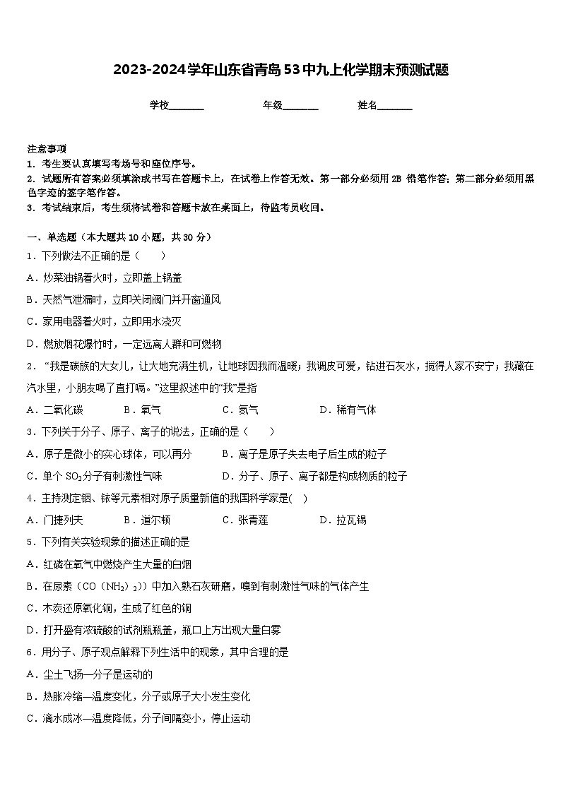 2023-2024学年山东省青岛53中九上化学期末预测试题含答案第1页