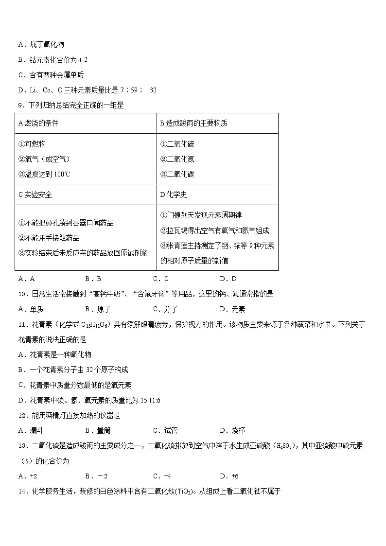2023-2024学年山东省青岛开发区实验九上化学期末统考试题含答案第3页