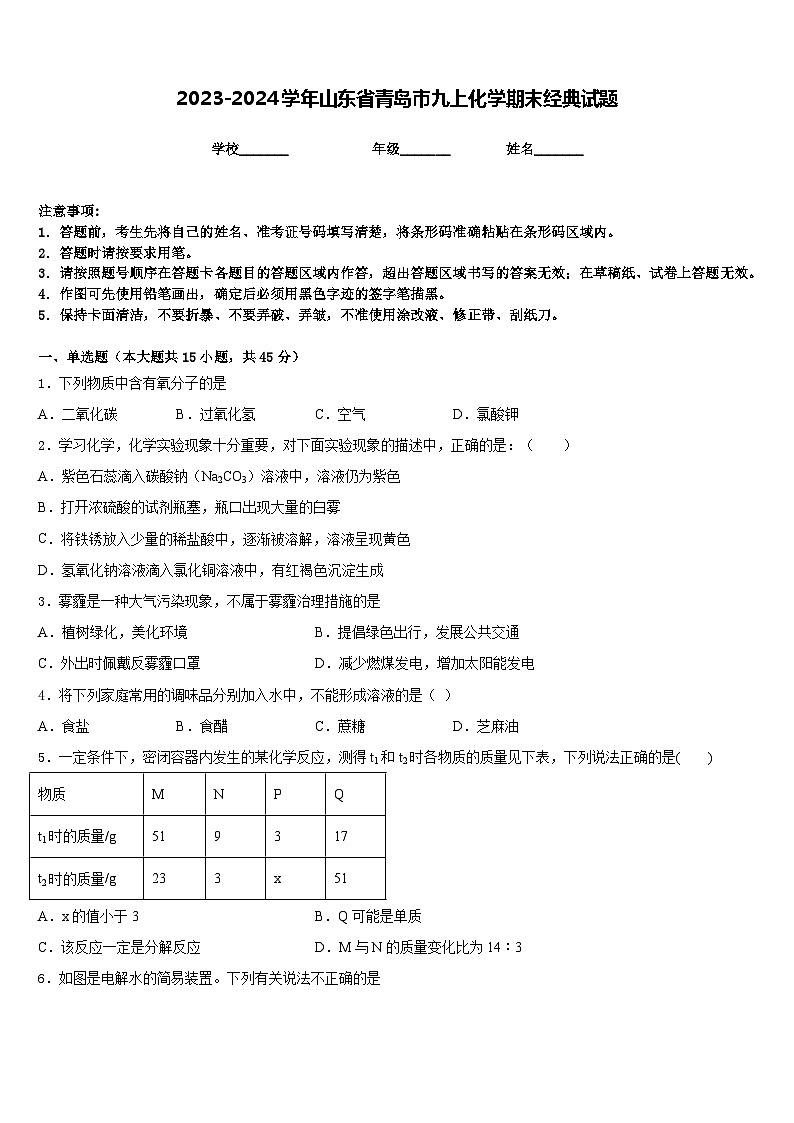 2023-2024学年山东省青岛市九上化学期末经典试题含答案第1页