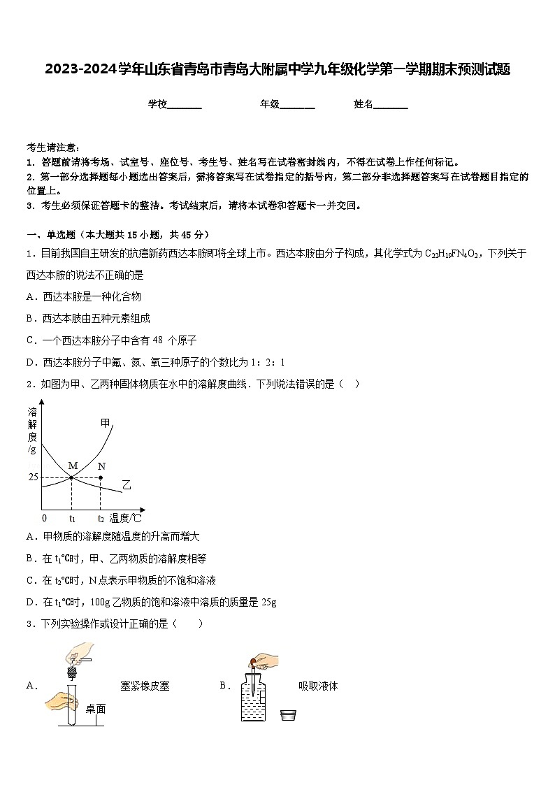 2023-2024学年山东省青岛市青岛大附属中学九年级化学第一学期期末预测试题含答案第1页