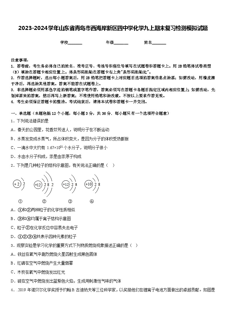 2023-2024学年山东省青岛市西海岸新区四中学化学九上期末复习检测模拟试题含答案01