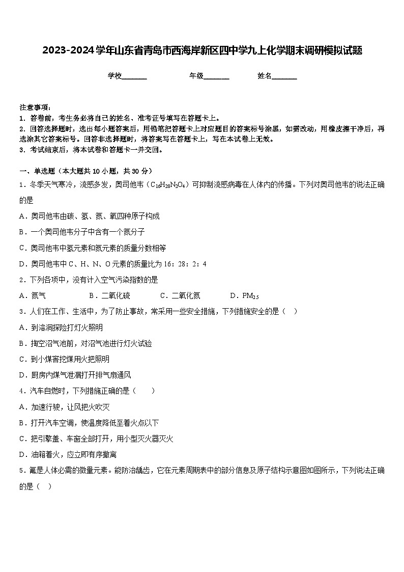 2023-2024学年山东省青岛市西海岸新区四中学九上化学期末调研模拟试题含答案第1页
