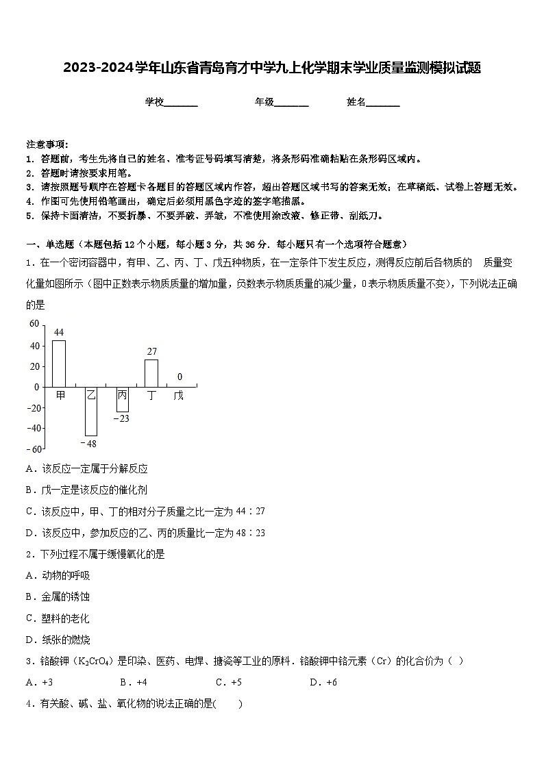2023-2024学年山东省青岛育才中学九上化学期末学业质量监测模拟试题含答案第1页