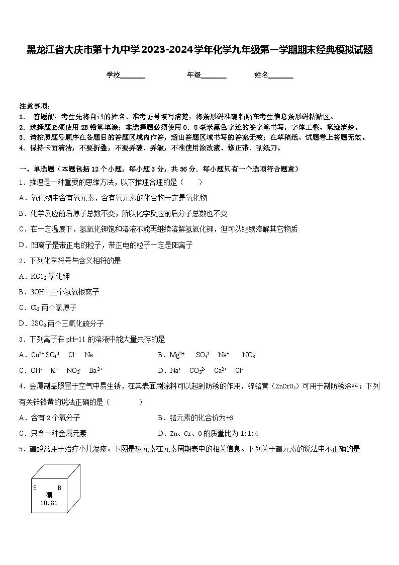 黑龙江省大庆市第十九中学2023-2024学年化学九年级第一学期期末经典模拟试题含答案第1页