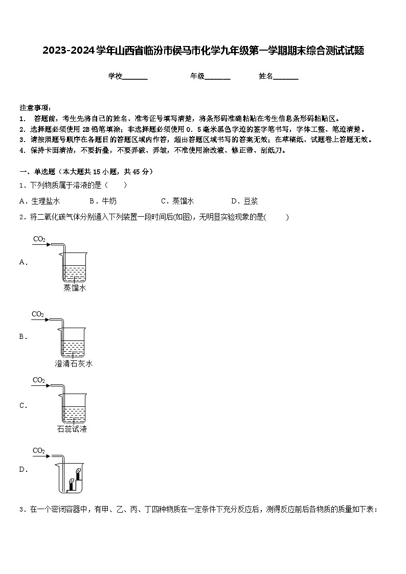 2023-2024学年山西省临汾市侯马市化学九年级第一学期期末综合测试试题含答案第1页