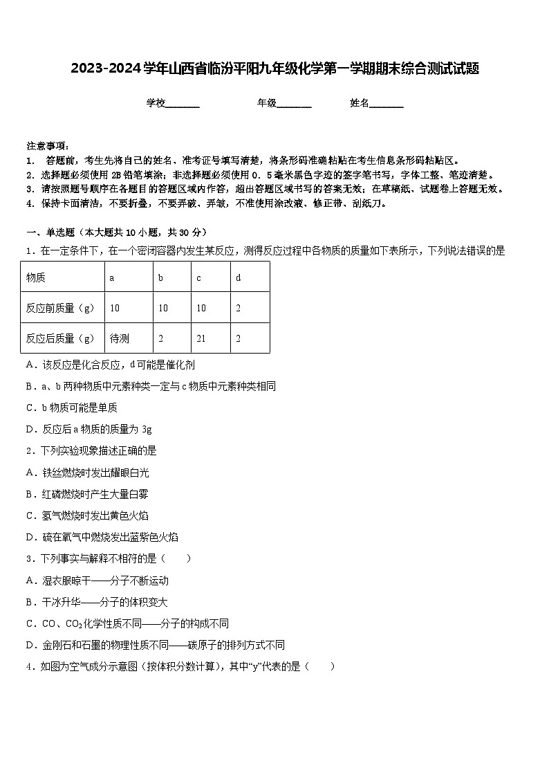 2023-2024学年山西省临汾平阳九年级化学第一学期期末综合测试试题含答案第1页