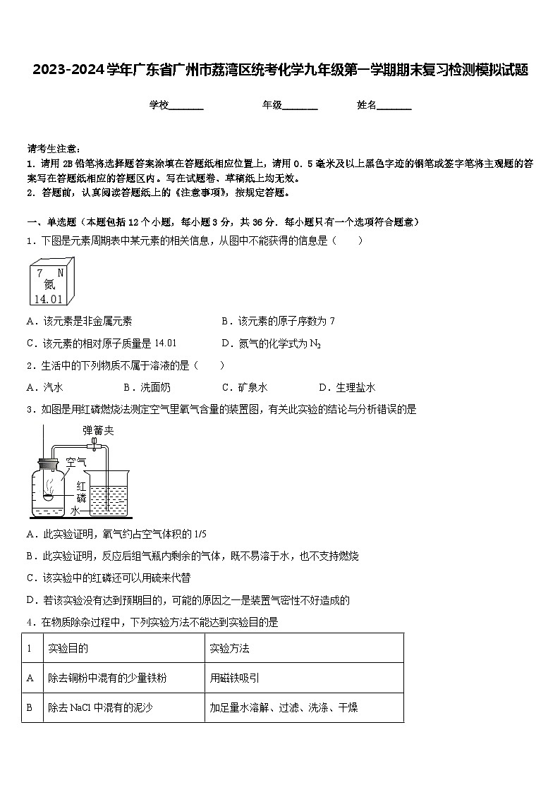 2023-2024学年广东省广州市荔湾区统考化学九年级第一学期期末复习检测模拟试题含答案01