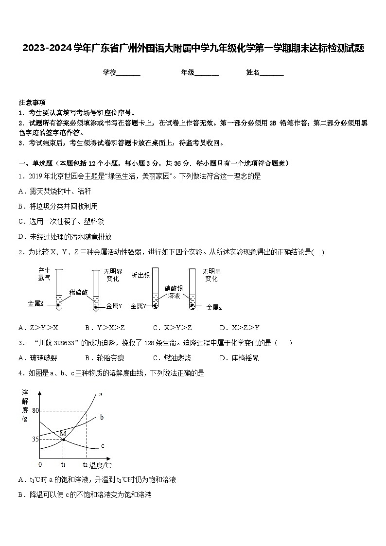 2023-2024学年广东省广州外国语大附属中学九年级化学第一学期期末达标检测试题含答案01