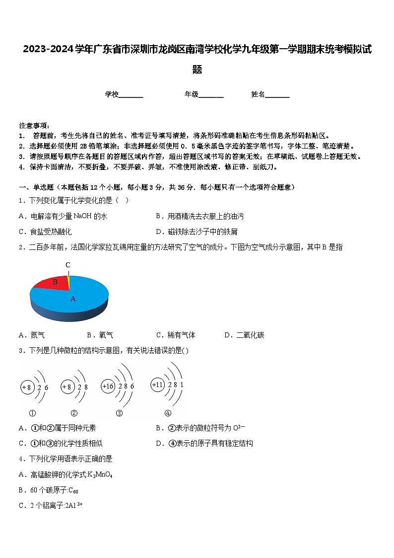 2023-2024学年广东省市深圳市龙岗区南湾学校化学九年级第一学期期末统考模拟试题含答案01