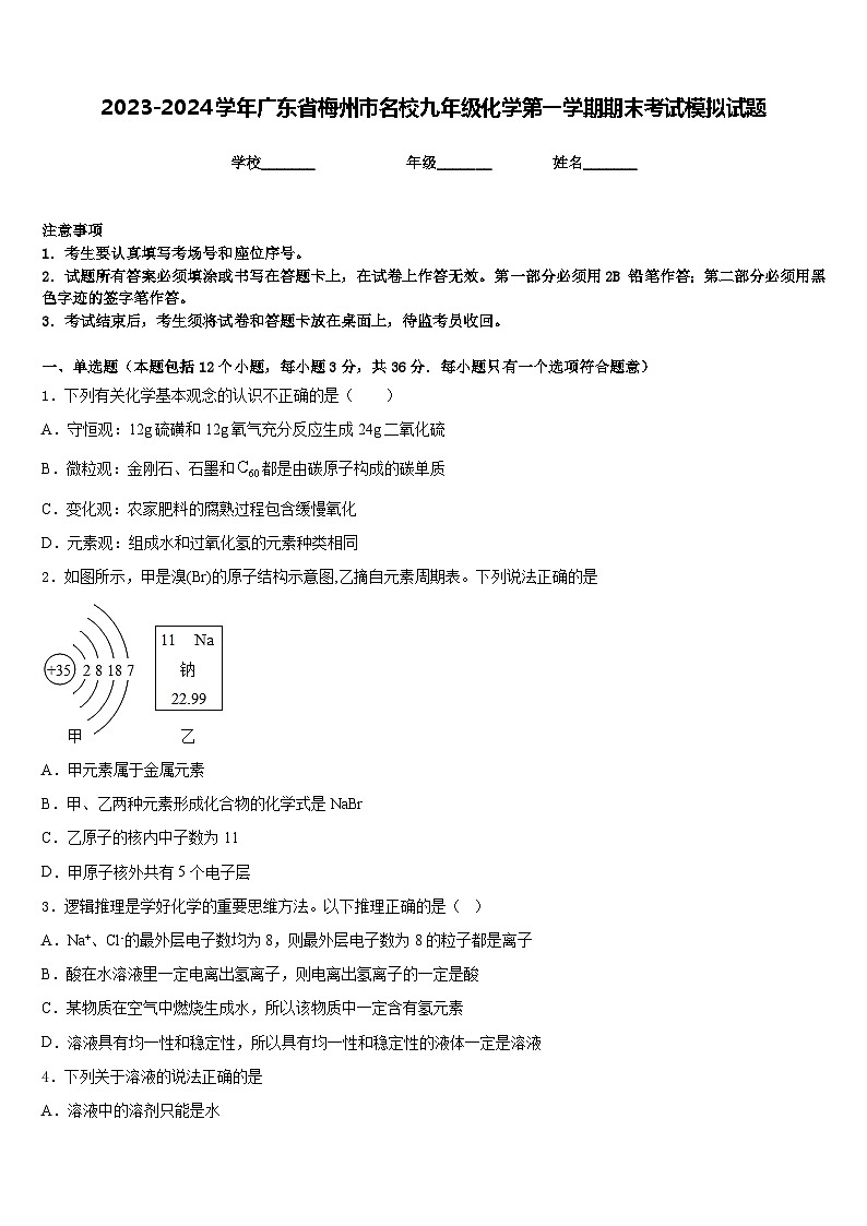 2023-2024学年广东省梅州市名校九年级化学第一学期期末考试模拟试题含答案第1页