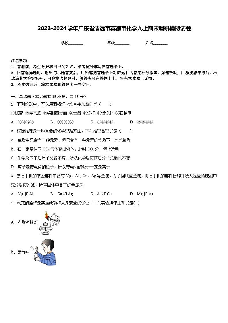 2023-2024学年广东省清远市英德市化学九上期末调研模拟试题含答案第1页