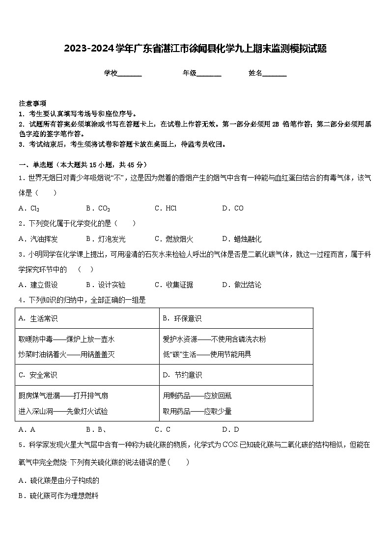 2023-2024学年广东省湛江市徐闻县化学九上期末监测模拟试题含答案01