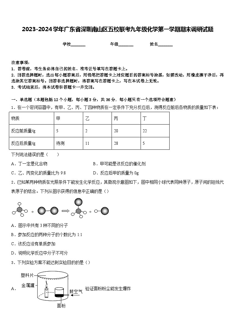 2023-2024学年广东省深圳南山区五校联考九年级化学第一学期期末调研试题含答案第1页