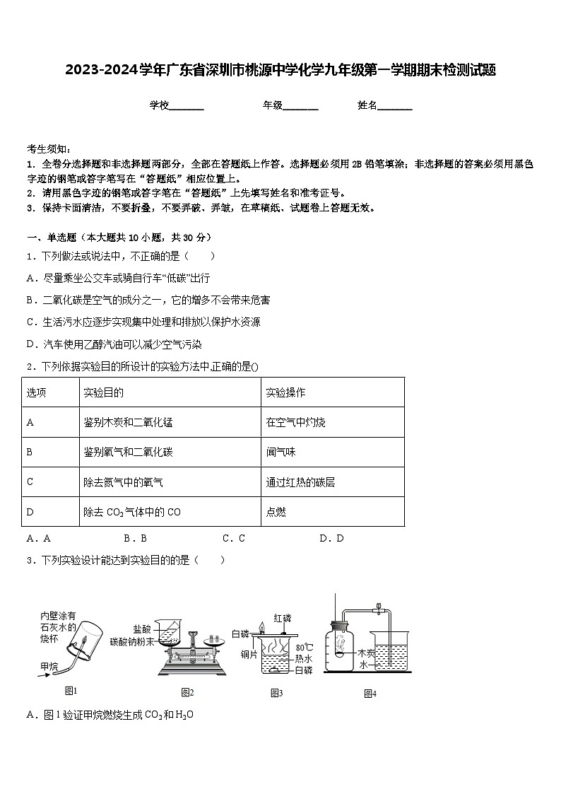 2023-2024学年广东省深圳市桃源中学化学九年级第一学期期末检测试题含答案01