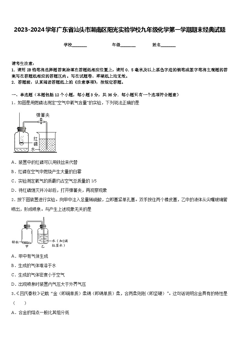 2023-2024学年广东省汕头市潮南区阳光实验学校九年级化学第一学期期末经典试题含答案01