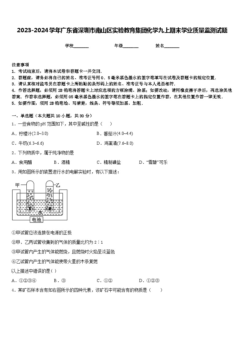 2023-2024学年广东省深圳市南山区实验教育集团化学九上期末学业质量监测试题含答案第1页