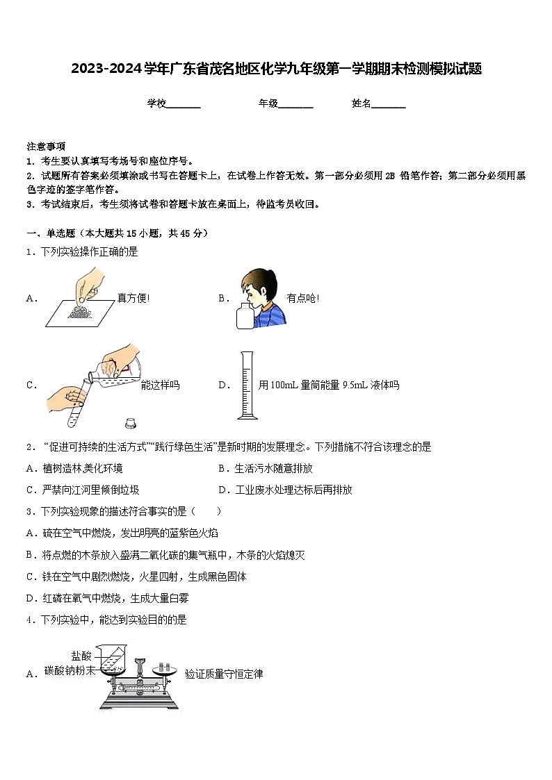 2023-2024学年广东省茂名地区化学九年级第一学期期末检测模拟试题含答案第1页