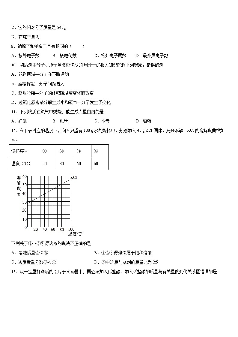 2023-2024学年广东省茂名地区化学九年级第一学期期末检测模拟试题含答案第3页