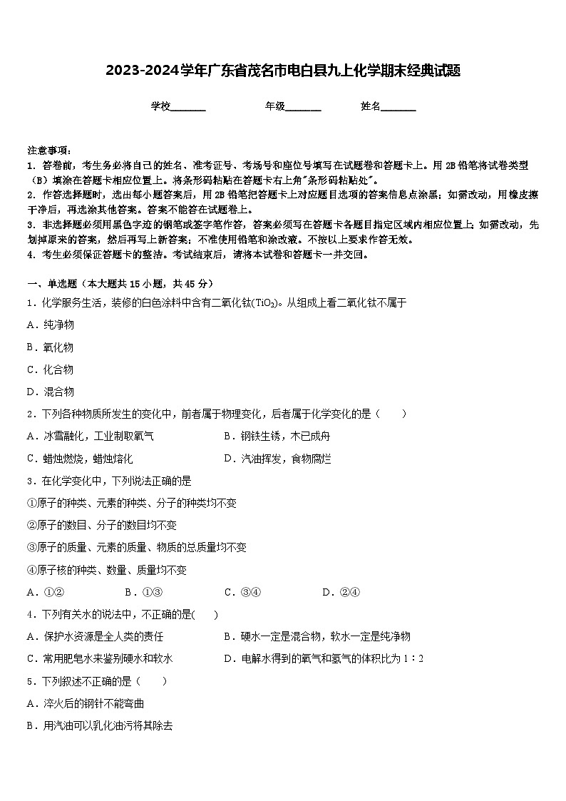 2023-2024学年广东省茂名市电白县九上化学期末经典试题含答案01
