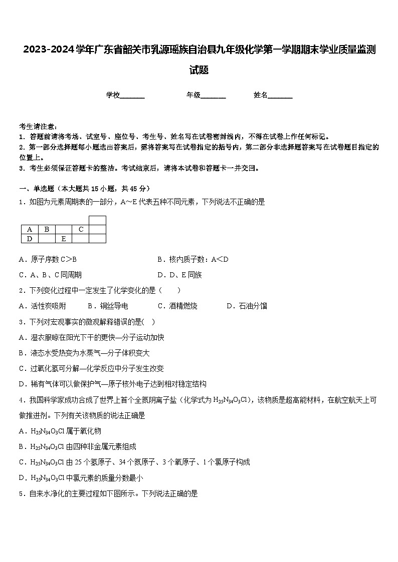 2023-2024学年广东省韶关市乳源瑶族自治县九年级化学第一学期期末学业质量监测试题含答案第1页