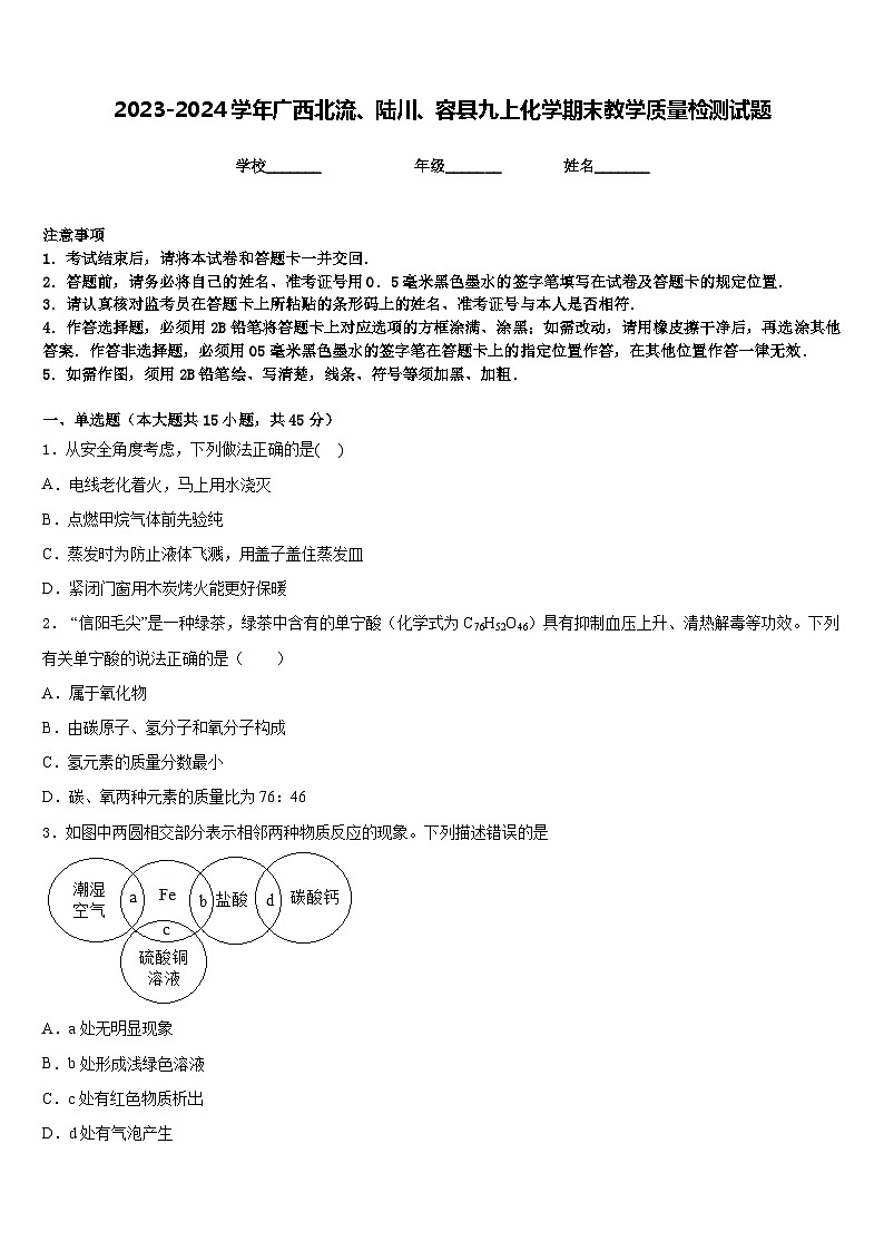 2023-2024学年广西北流、陆川、容县九上化学期末教学质量检测试题含答案第1页