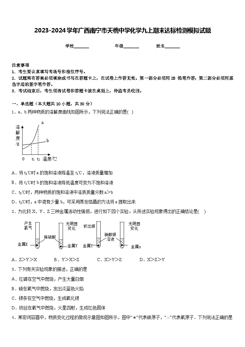 2023-2024学年广西南宁市天桃中学化学九上期末达标检测模拟试题含答案01