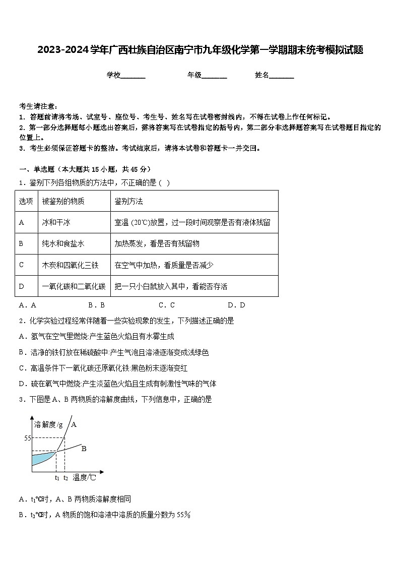 2023-2024学年广西壮族自治区南宁市九年级化学第一学期期末统考模拟试题含答案第1页