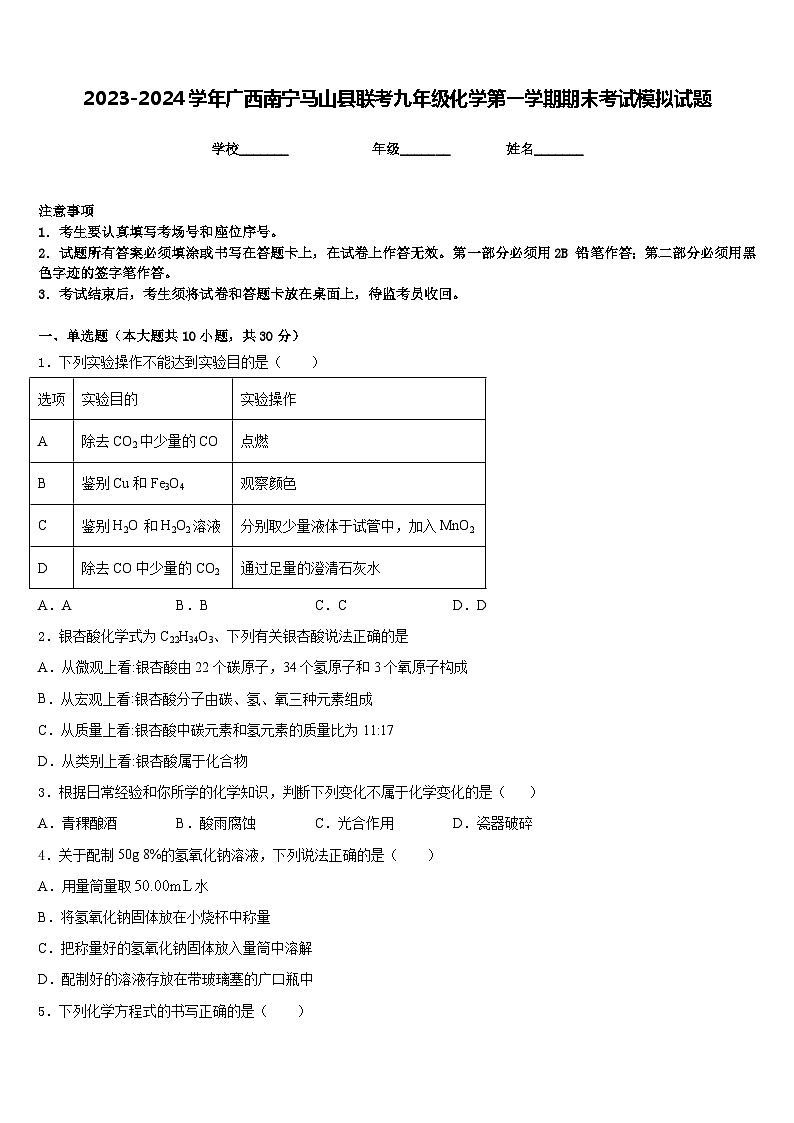 2023-2024学年广西南宁马山县联考九年级化学第一学期期末考试模拟试题含答案第1页