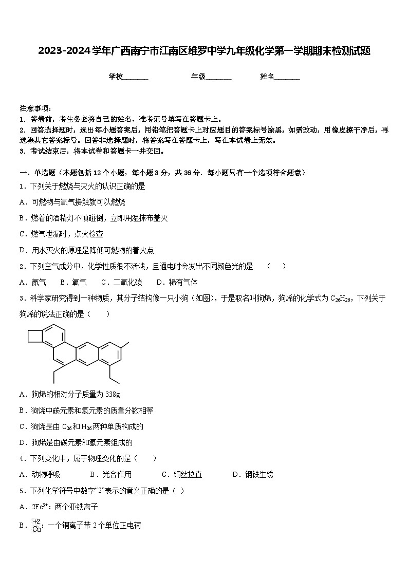2023-2024学年广西南宁市江南区维罗中学九年级化学第一学期期末检测试题含答案第1页