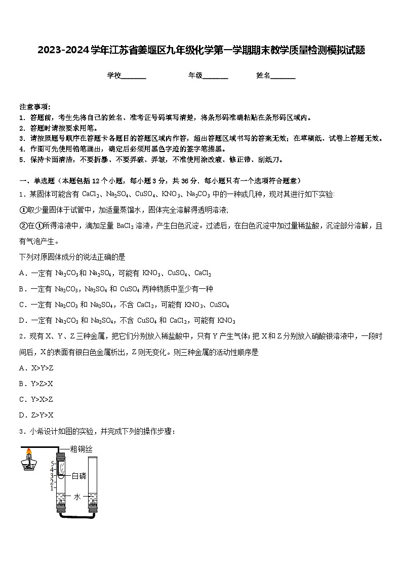 2023-2024学年江苏省姜堰区九年级化学第一学期期末教学质量检测模拟试题含答案第1页
