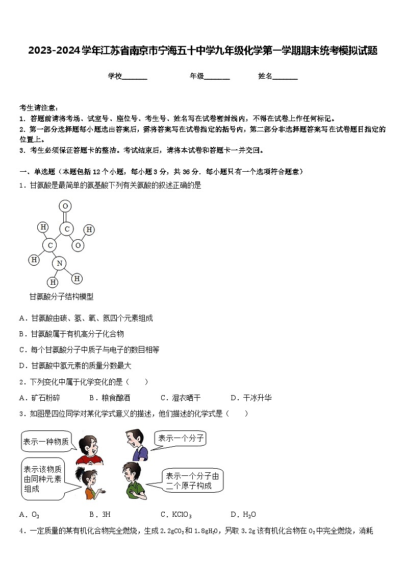 2023-2024学年江苏省南京市宁海五十中学九年级化学第一学期期末统考模拟试题含答案第1页