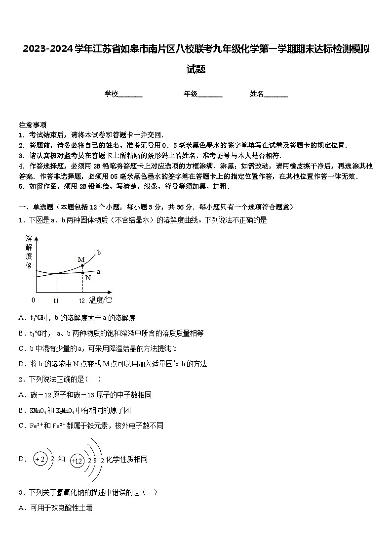 2023-2024学年江苏省如皋市南片区八校联考九年级化学第一学期期末达标检测模拟试题含答案01