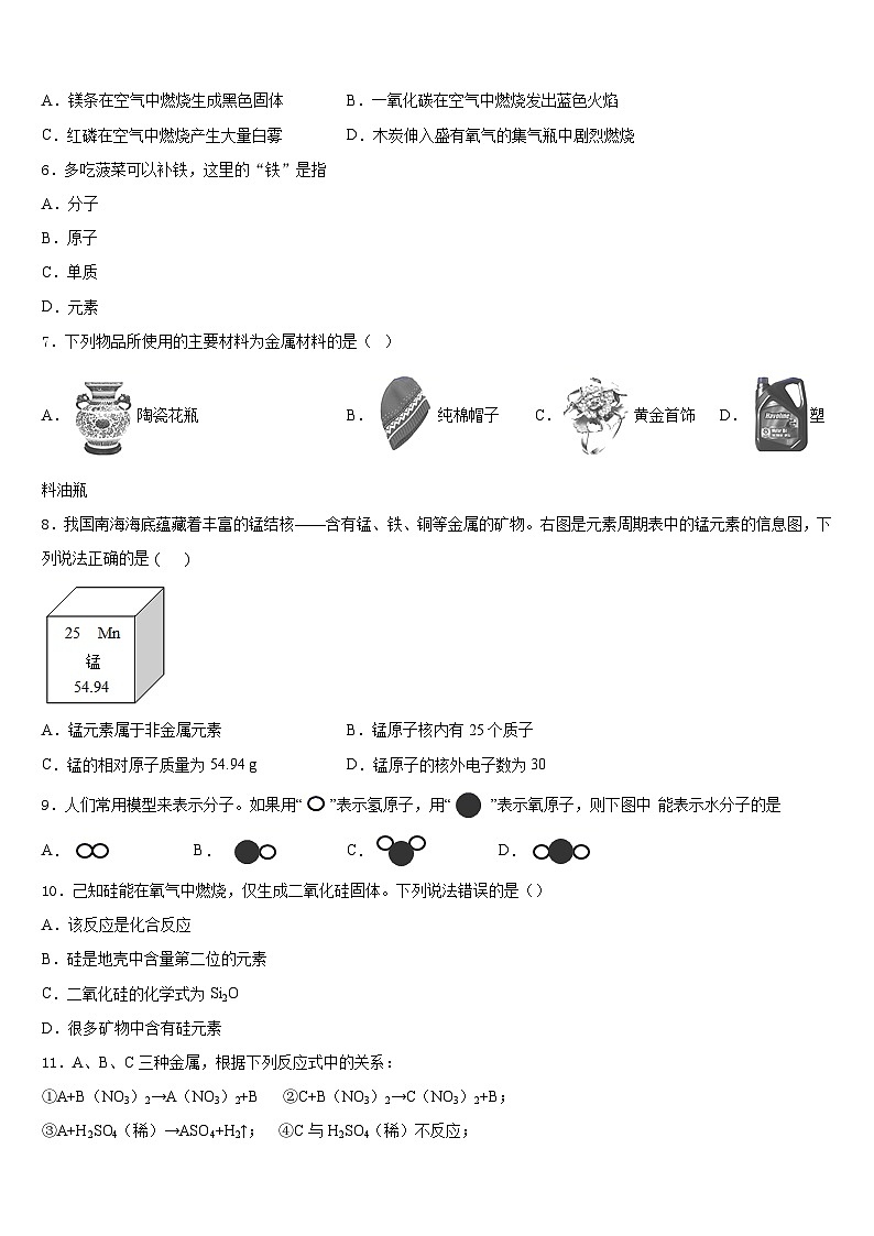 2023-2024学年江苏省南通市紫石中学化学九上期末检测试题含答案02