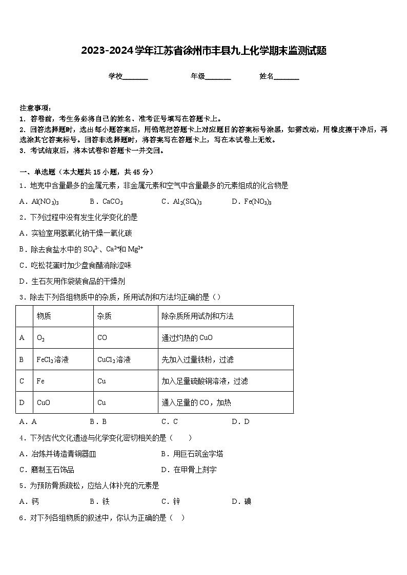 2023-2024学年江苏省徐州市丰县九上化学期末监测试题含答案01