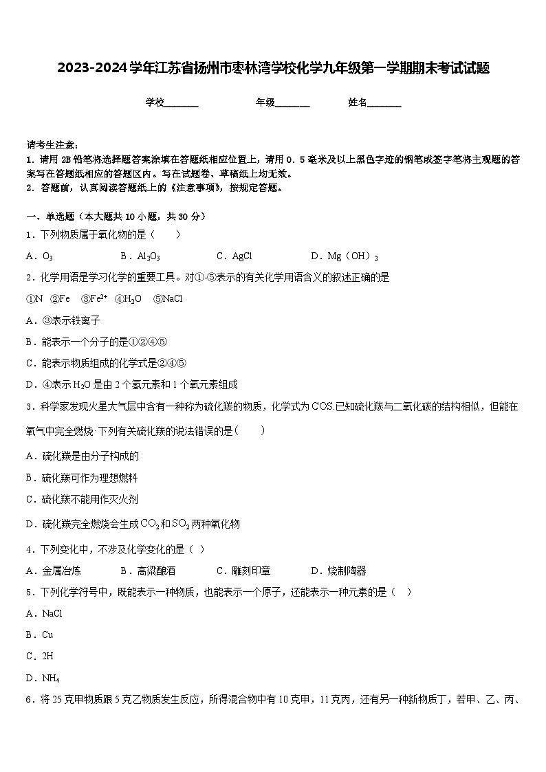 2023-2024学年江苏省扬州市枣林湾学校化学九年级第一学期期末考试试题含答案第1页