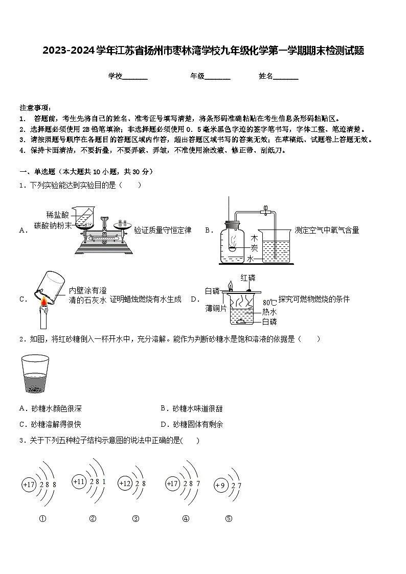 2023-2024学年江苏省扬州市枣林湾学校九年级化学第一学期期末检测试题含答案第1页