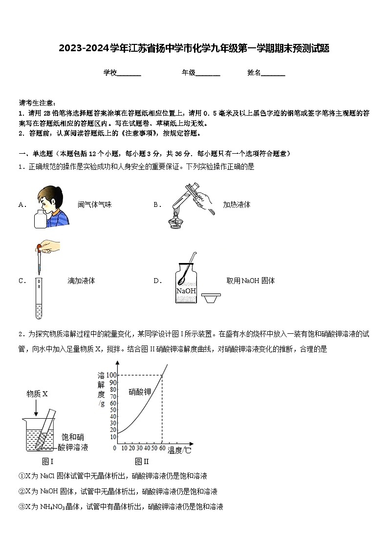 2023-2024学年江苏省扬中学市化学九年级第一学期期末预测试题含答案第1页