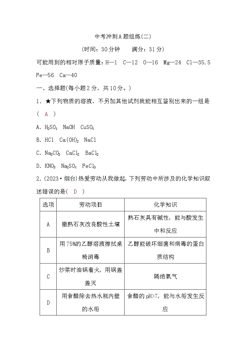 鲁教版中考化学复习冲刺A题组练(二)含答案01