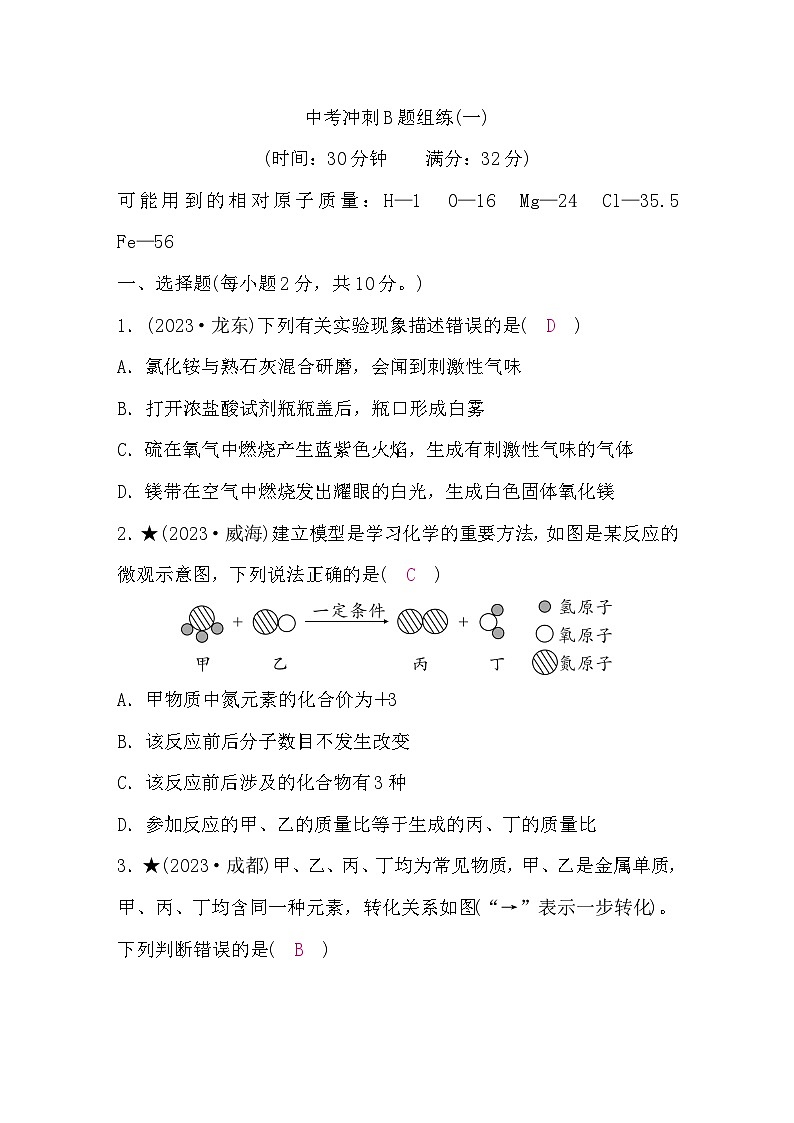 鲁教版中考化学复习中考冲刺B题组练(一)含答案01