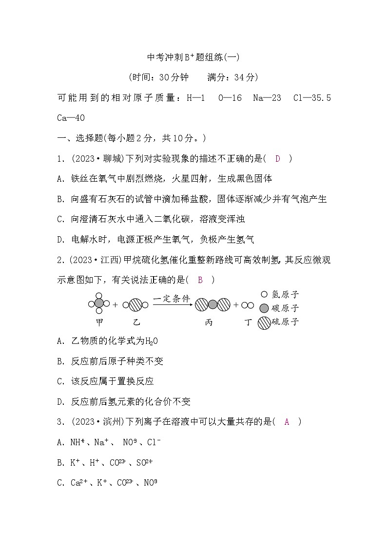 鲁教版中考化学复习中考冲刺B＋题组练(一)含答案第1页