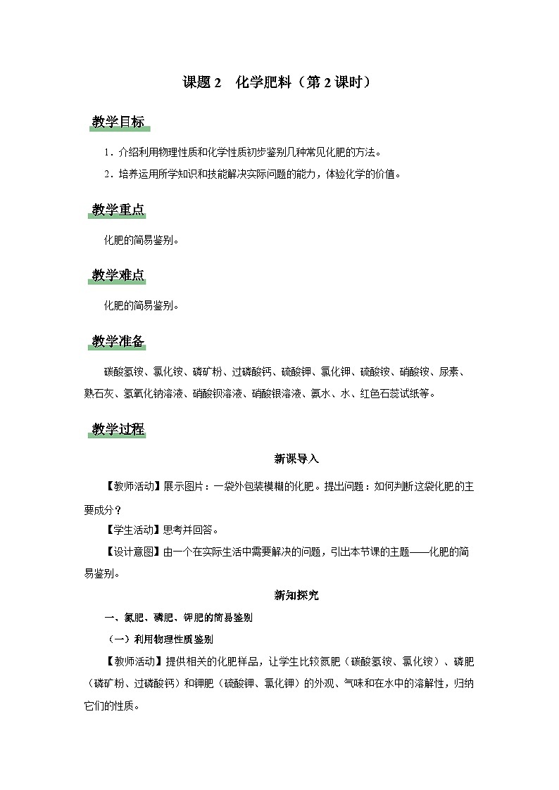 【人教版】九下化学  11.2 化学肥料（第2课时）（课件+教案+导学案+分层练习）01
