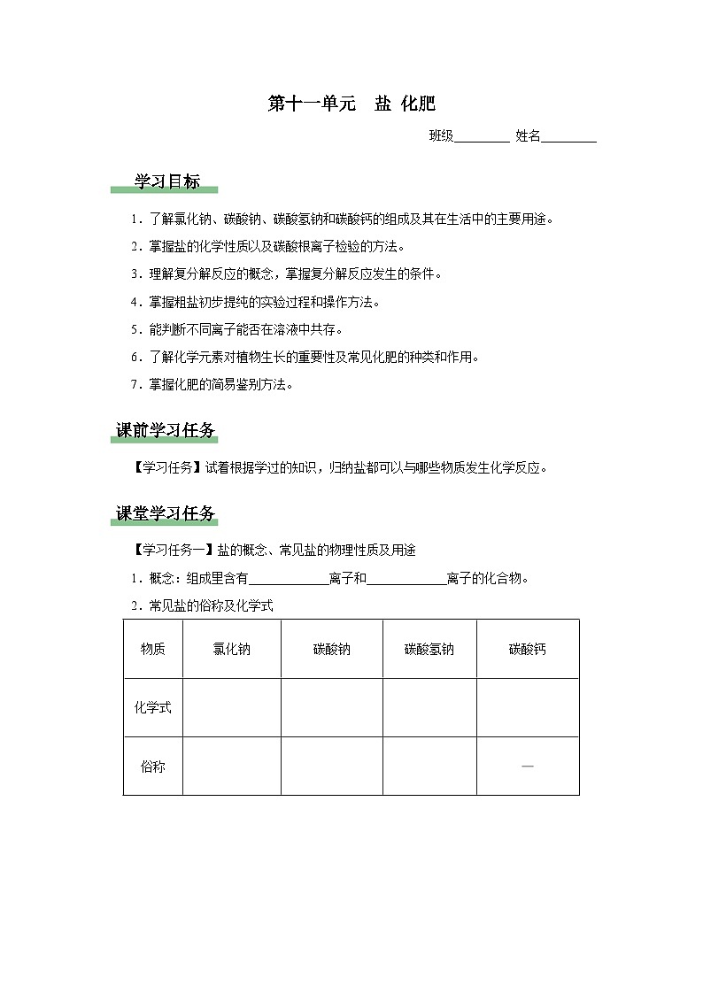 【人教版】九下化学  第十一单元 盐化肥（单元复习）（课件+教案+导学案+分层练习）01