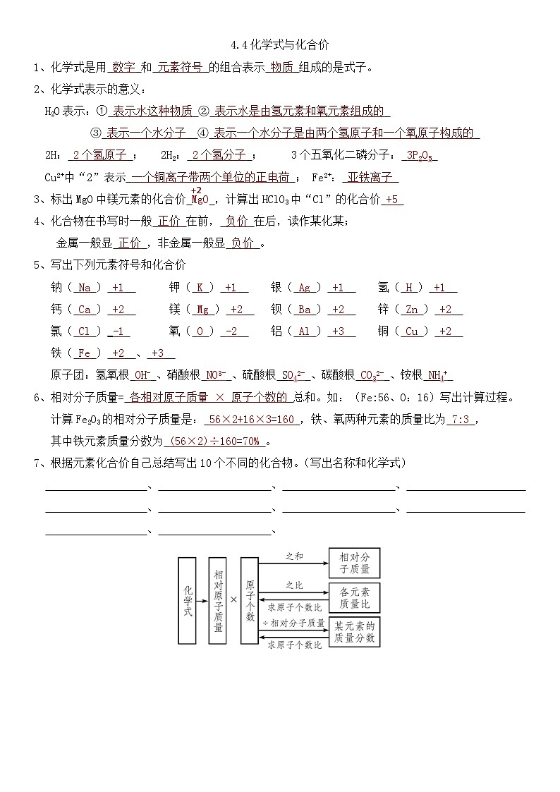人教版初中化学上册同步练习讲义--4.4化学式与化合价01