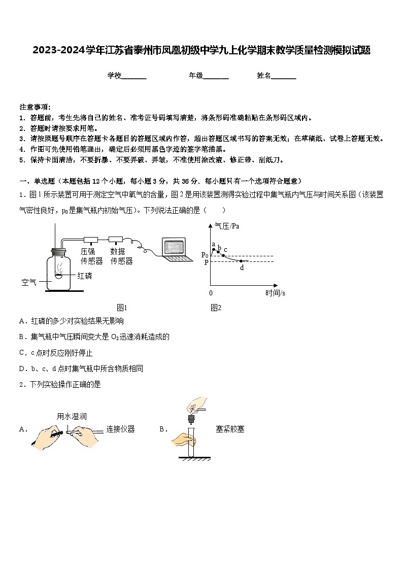 2023-2024学年江苏省泰州市凤凰初级中学九上化学期末教学质量检测模拟试题含答案01