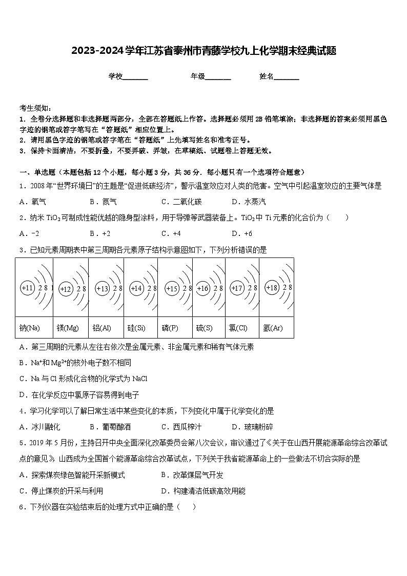 2023-2024学年江苏省泰州市青藤学校九上化学期末经典试题含答案第1页