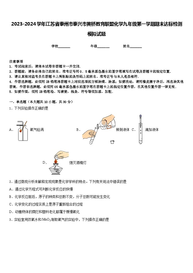 2023-2024学年江苏省泰州市泰兴市黄桥教育联盟化学九年级第一学期期末达标检测模拟试题含答案01
