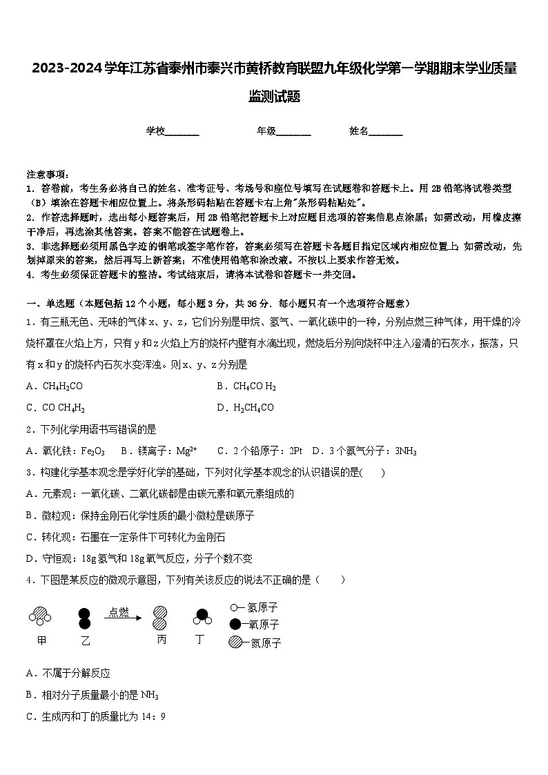2023-2024学年江苏省泰州市泰兴市黄桥教育联盟九年级化学第一学期期末学业质量监测试题含答案第1页