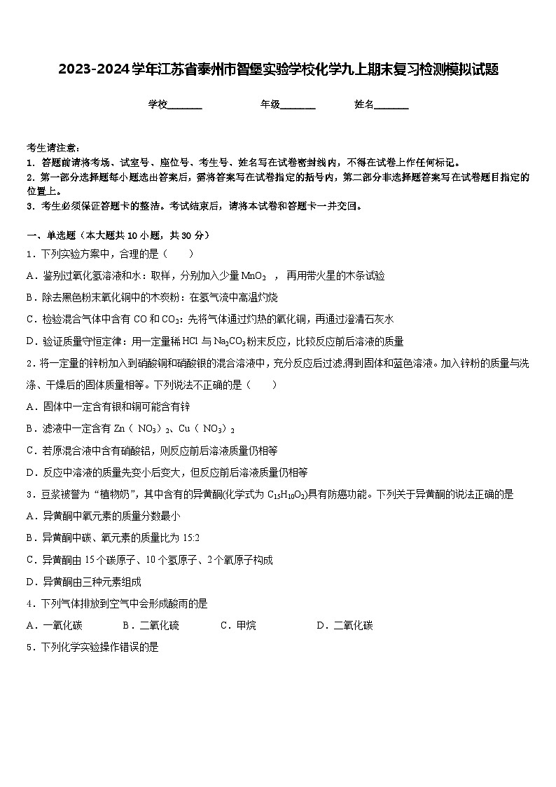 2023-2024学年江苏省泰州市智堡实验学校化学九上期末复习检测模拟试题含答案01